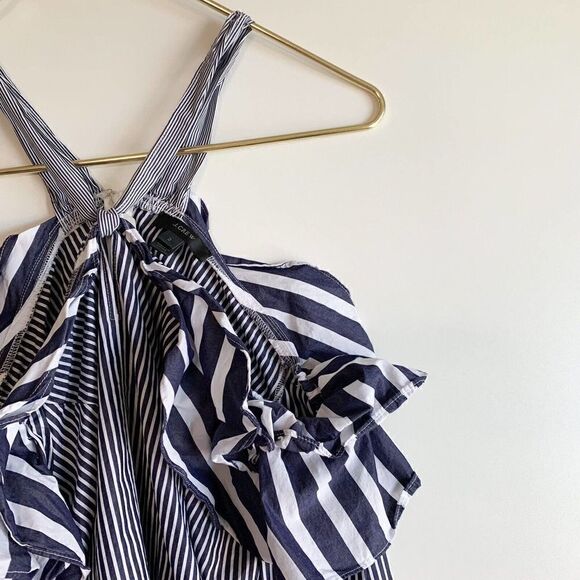 J Crew Sz 2 Striped off-the-shoulder tie-neck Top Navy White H0956. - Picture 2 of 5